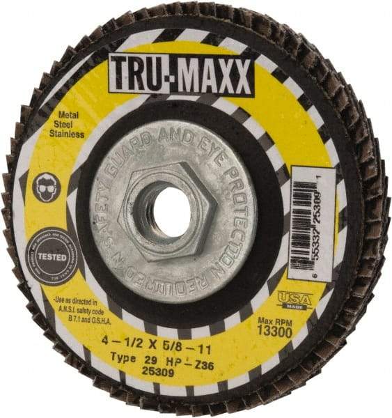 Tru-Maxx - 36 Grit, 4-1/2" Disc Diam, 5/8-11 Center Hole, Type 29 Zirconia Alumina Flap Disc - 13,300 Max RPM, Arbor Attaching System, Coated - Caliber Tooling