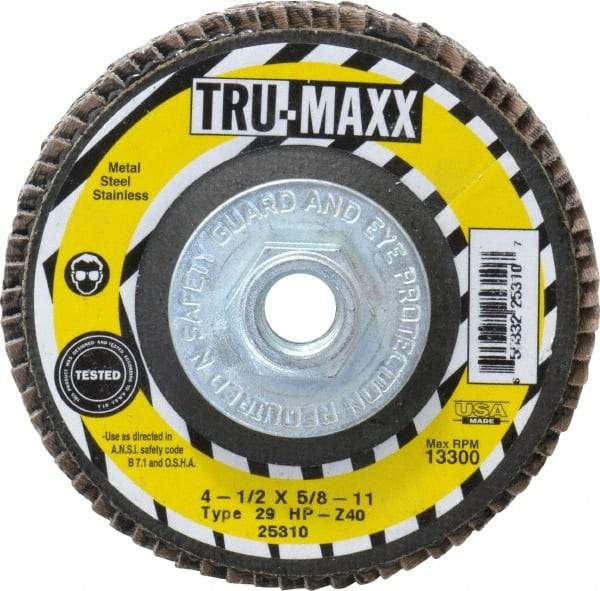 Tru-Maxx - 40 Grit, 4-1/2" Disc Diam, 5/8-11 Center Hole, Type 29 Zirconia Alumina Flap Disc - 13,300 Max RPM, Arbor Attaching System, Coated - Caliber Tooling