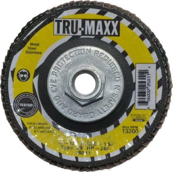 Tru-Maxx - 60 Grit, 4-1/2" Disc Diam, 5/8-11 Center Hole, Type 29 Zirconia Alumina Flap Disc - 13,300 Max RPM, Arbor Attaching System, Coated - Caliber Tooling