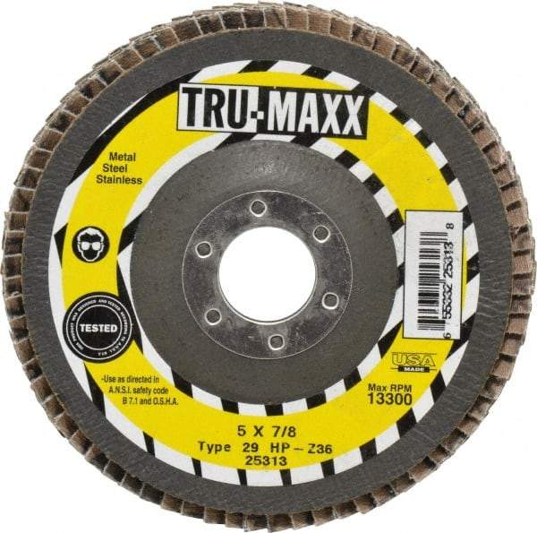 Tru-Maxx - 36 Grit, 5" Disc Diam, 7/8" Center Hole, Type 29 Zirconia Alumina Flap Disc - 12,200 Max RPM, Arbor Attaching System, Coated - Caliber Tooling