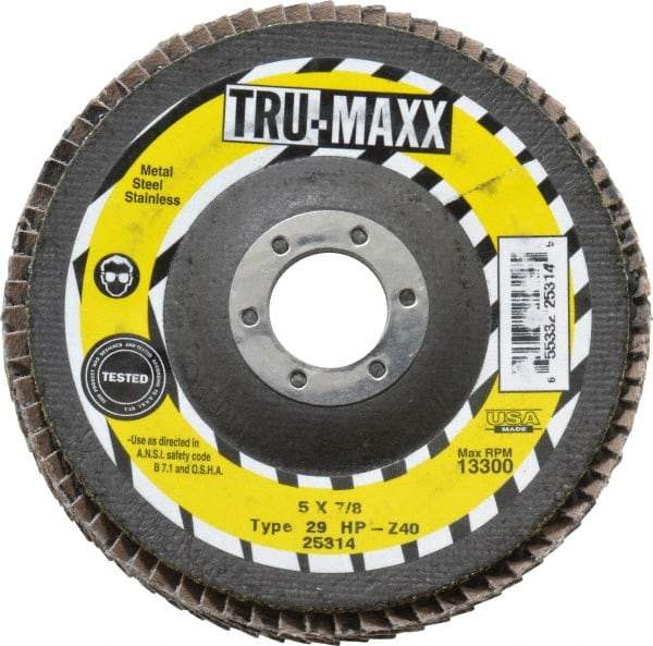 Tru-Maxx - 40 Grit, 5" Disc Diam, 7/8" Center Hole, Type 29 Zirconia Alumina Flap Disc - 12,200 Max RPM, Arbor Attaching System, Coated - Caliber Tooling