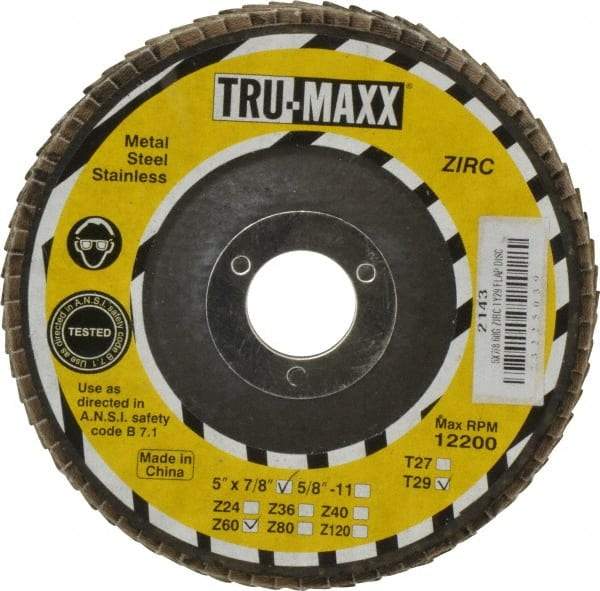 Tru-Maxx - 60 Grit, 5" Disc Diam, 7/8" Center Hole, Type 29 Zirconia Alumina Flap Disc - 12,200 Max RPM, Arbor Attaching System, Coated - Caliber Tooling