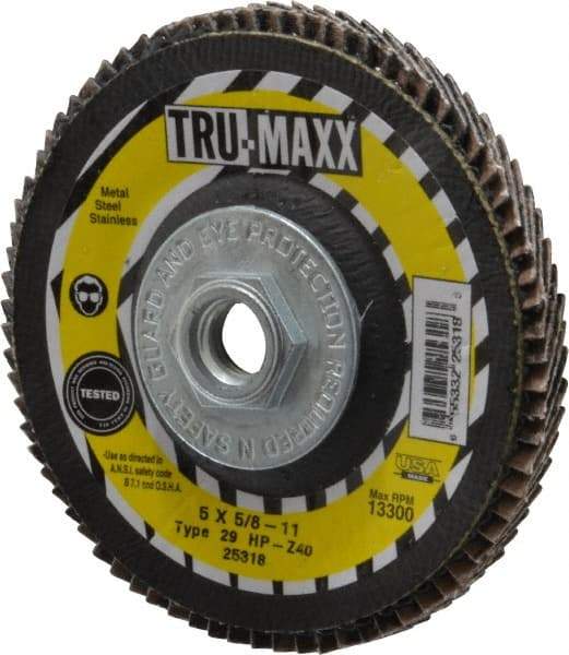 Tru-Maxx - 40 Grit, 5" Disc Diam, 5/8-11 Center Hole, Type 29 Zirconia Alumina Flap Disc - 12,200 Max RPM, Arbor Attaching System, Coated - Caliber Tooling