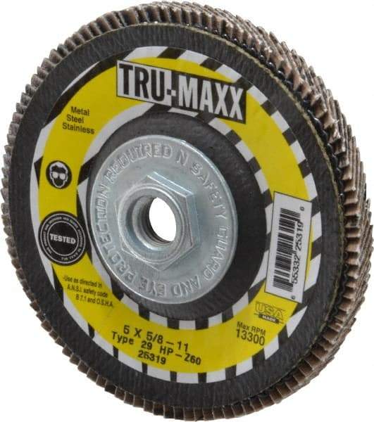 Tru-Maxx - 60 Grit, 5" Disc Diam, 5/8-11 Center Hole, Type 29 Zirconia Alumina Flap Disc - 12,200 Max RPM, Arbor Attaching System, Coated - Caliber Tooling