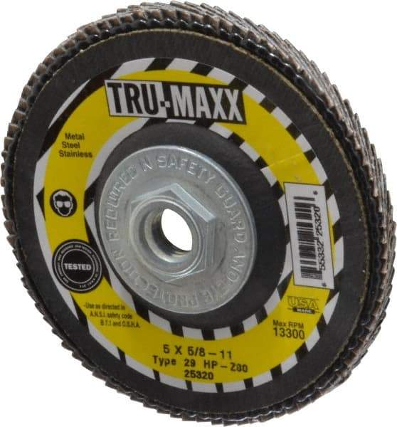 Tru-Maxx - 80 Grit, 5" Disc Diam, 5/8-11 Center Hole, Type 29 Zirconia Alumina Flap Disc - 12,200 Max RPM, Arbor Attaching System, Coated - Caliber Tooling