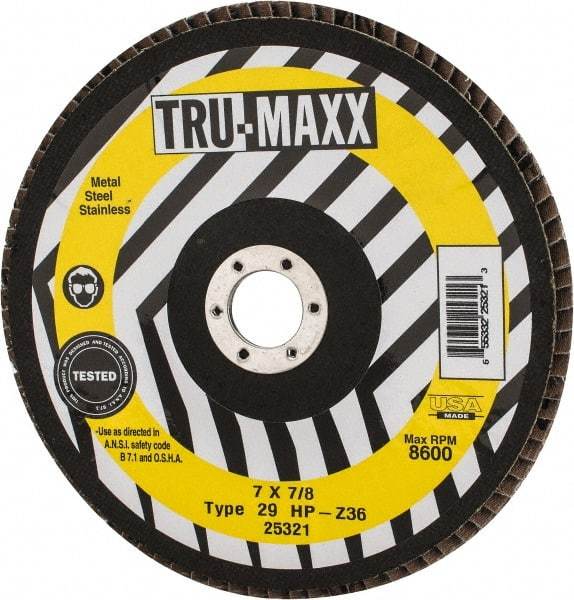 Tru-Maxx - 36 Grit, 7" Disc Diam, 7/8" Center Hole, Type 29 Zirconia Alumina Flap Disc - 8,600 Max RPM, Arbor Attaching System, Coated - Caliber Tooling