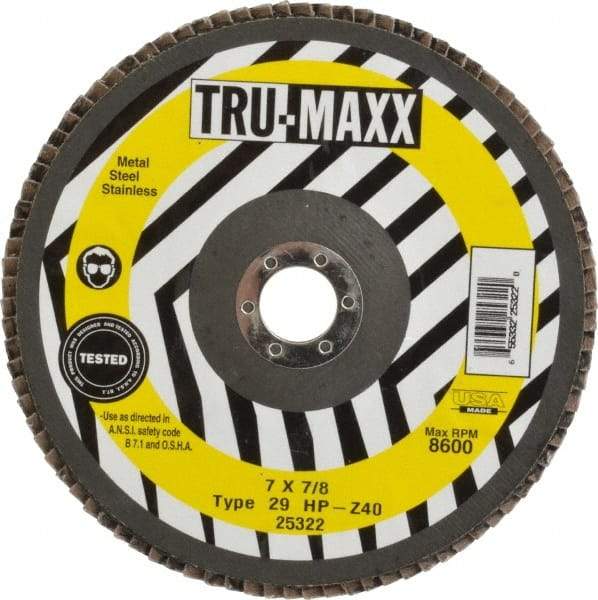 Tru-Maxx - 40 Grit, 7" Disc Diam, 7/8" Center Hole, Type 29 Zirconia Alumina Flap Disc - 8,600 Max RPM, Arbor Attaching System, Coated - Caliber Tooling