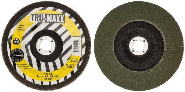 Tru-Maxx - 80 Grit, 7" Disc Diam, 7/8" Center Hole, Type 29 Zirconia Alumina Flap Disc - 8,600 Max RPM, Arbor Attaching System, Coated - Caliber Tooling