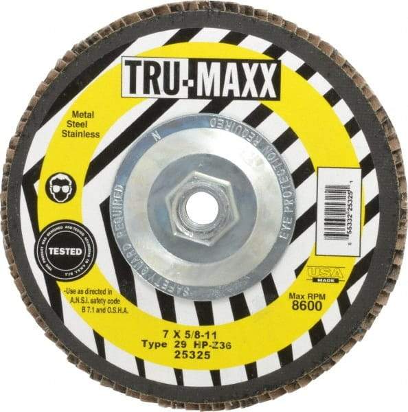 Tru-Maxx - 36 Grit, 7" Disc Diam, 5/8-11 Center Hole, Type 29 Zirconia Alumina Flap Disc - 8,600 Max RPM, Arbor Attaching System, Coated - Caliber Tooling