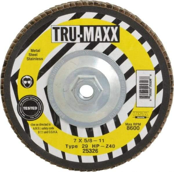 Tru-Maxx - 40 Grit, 7" Disc Diam, 5/8-11 Center Hole, Type 29 Zirconia Alumina Flap Disc - 8,600 Max RPM, Arbor Attaching System, Coated - Caliber Tooling