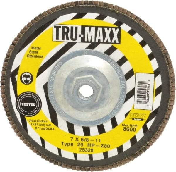 Tru-Maxx - 80 Grit, 7" Disc Diam, 5/8-11 Center Hole, Type 29 Zirconia Alumina Flap Disc - 8,600 Max RPM, Arbor Attaching System, Coated - Caliber Tooling