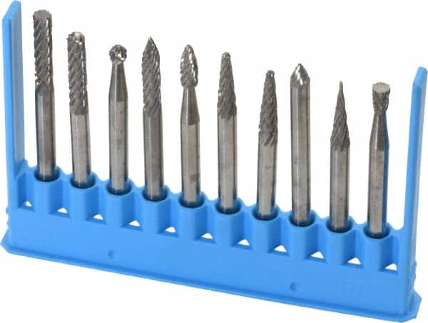 Made in USA - 10 Piece, 1/8" Shank Burr Set - Tungsten Carbide - Caliber Tooling