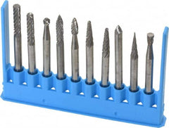 Made in USA - 10 Piece, 1/8" Shank Burr Set - Tungsten Carbide - Caliber Tooling