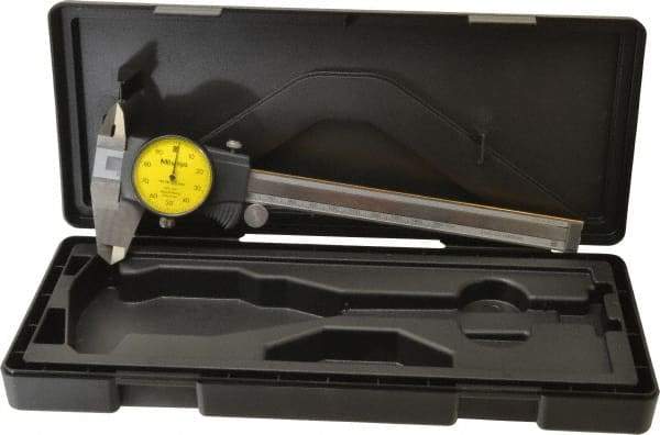 Mitutoyo - 0mm to 150mm Range, 0.01 mm Graduation, 1mm per Revolution, Dial Caliper - Yellow Face, 40mm Jaw Length, Accurate to 0.03mm - Caliber Tooling