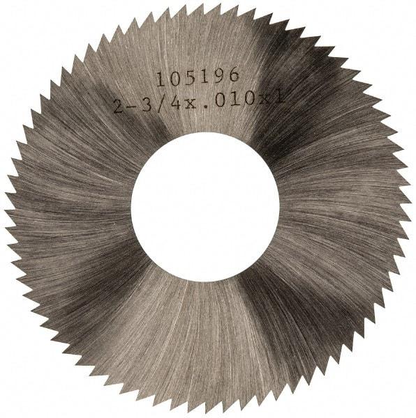 Made in USA - 2-3/4" Diam x 0.01" Blade Thickness x 1" Arbor Hole Diam, 72 Tooth Slitting and Slotting Saw - Arbor Connection, Right Hand, Uncoated, High Speed Steel, Concave Ground, Contains Keyway - Caliber Tooling