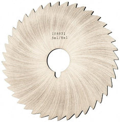 Made in USA - 5" Diam x 1/8" Blade Thickness x 1" Arbor Hole Diam, 40 Tooth Slitting and Slotting Saw - Arbor Connection, Right Hand, Uncoated, High Speed Steel, Concave Ground, Contains Keyway - Caliber Tooling