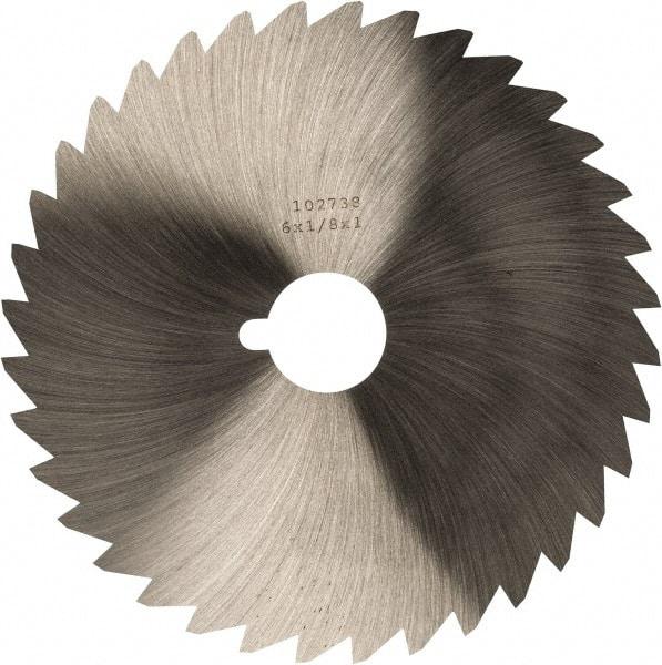 Made in USA - 6" Diam x 1/8" Blade Thickness x 1" Arbor Hole Diam, 44 Tooth Slitting and Slotting Saw - Arbor Connection, Right Hand, Uncoated, High Speed Steel, Concave Ground, Contains Keyway - Caliber Tooling