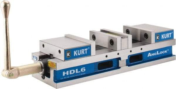 Kurt - 6" Jaw Width, 4" Jaw Opening Capacity, Horizontal Stationary Machine Vise - Manual Operation, 7,460 Lb Capacity, 1 Station, 22.45" Long x 4.853" High x 1-47/64" Deep, 44.07mm Jaw Height - Caliber Tooling