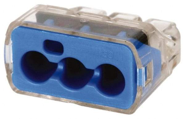 Ideal - 3 Port, 14 to 10 AWG Compatible, Push-In Wire Connector - 0.78" OAL x 0.086" OAW x 0.45" OAH, Blue - Caliber Tooling