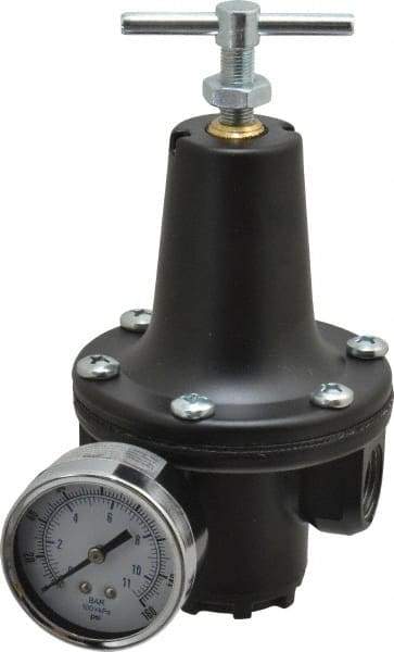 Parker - 1/2 NPT Port, 300 CFM, Zinc Heavy-Duty T-Handle Regulator - 2 to 125 psi Range, 300 Max psi Supply Pressure, 1/4" Gauge Port Thread, 3-1/2" Wide x 6-3/4" High - Caliber Tooling