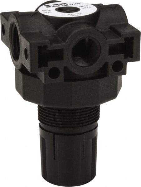 Parker - 3/8 NPT Port, Plastic Miniature Regulator - 0 to 25 psi Range, 150 Max psi Supply Pressure, 1/4" Gauge Port Thread, 2.06" Wide x 3.43" High - Caliber Tooling