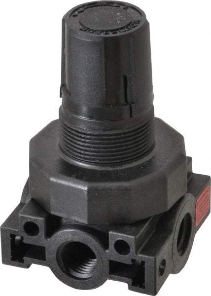 Parker - 1/4 NPT Port, Plastic Miniature Regulator - 0 to 125 psi Range, 150 Max psi Supply Pressure, 1/4" Gauge Port Thread, 2.06" Wide x 3.43" High - Caliber Tooling