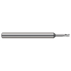 Corner Radius End Mill: 0.02″ Dia, 0.03″ LOC, 0.002″ Radius, 3 Flutes, Solid Carbide 2-1/2″ OAL, 1/8″ Shank Dia, 42 ° Helix, Bright/Uncoated, Corner Radius End