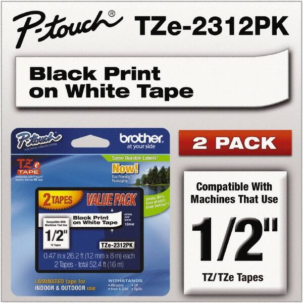 Brother - 1/2" Wide x 314.4" Long, White Plastic/Paper Tape Cassette - For Label Maker - Caliber Tooling