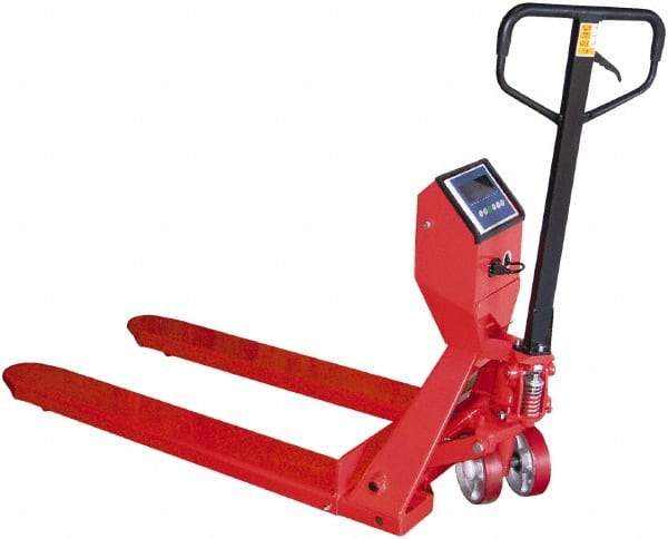 Vestil - 5,000 Lb Capacity, 7-1/2" Lift Scale Pallet Truck - 3" Min Lift Height, 48" Fork Length x 27-1/2" Fork Width, 28" Overall Width - Caliber Tooling