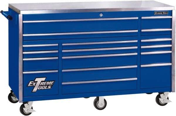 EXTREME TOOLS - 17 Drawer Steel Tool Roller Cabinet - 72" Wide x 46-3/4" High x 30" Deep, Ball Bearing Drawer Slides, Blue - Caliber Tooling