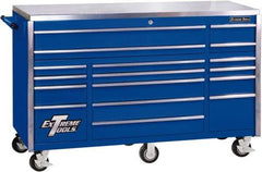 EXTREME TOOLS - 17 Drawer Steel Tool Roller Cabinet - 72" Wide x 46-3/4" High x 30" Deep, Ball Bearing Drawer Slides, Blue - Caliber Tooling