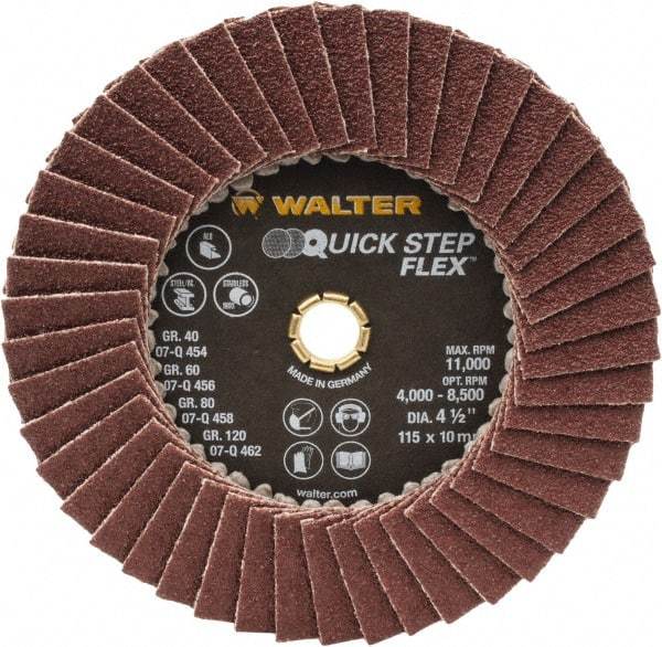 WALTER Surface Technologies - 60 Grit, 4-1/2" Disc Diam, Type 29 Aluminum Oxide Flap Disc - 11,000 Max RPM, Fiber Backing, Arbor Attaching System, Coated - Caliber Tooling