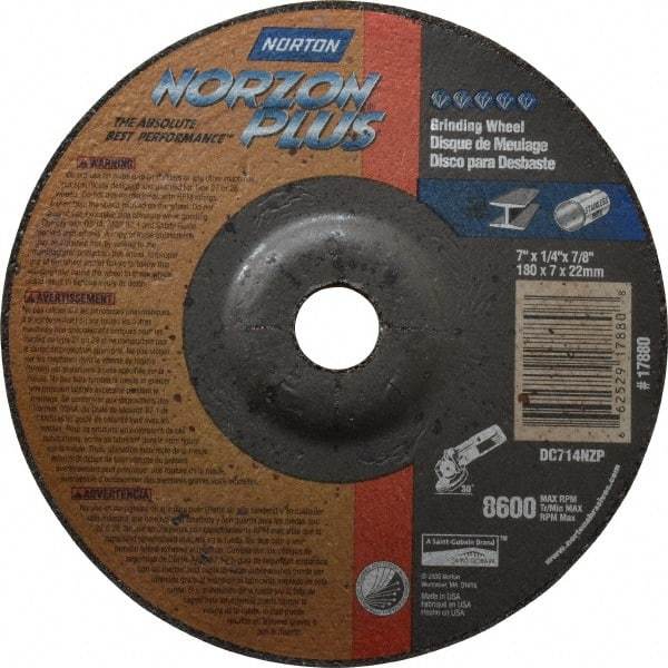 Norton - 24 Grit, 7" Wheel Diam, 1/4" Wheel Thickness, 7/8" Arbor Hole, Type 27 Depressed Center Wheel - Ceramic, 8,600 Max RPM, Compatible with Angle Grinder - Caliber Tooling