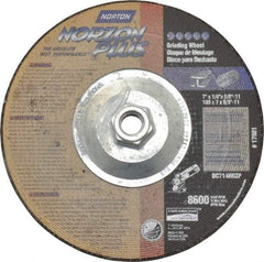 Norton - 24 Grit, 7" Wheel Diam, 1/4" Wheel Thickness, Type 27 Depressed Center Wheel - Ceramic, 8,600 Max RPM, Compatible with Angle Grinder - Caliber Tooling