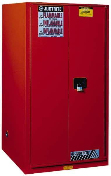 Justrite - 2 Door, 5 Shelf, Red Steel Standard Safety Cabinet for Flammable and Combustible Liquids - 65" High x 34" Wide x 34" Deep, Manual Closing Door, 3 Point Key Lock, 96 Gal Capacity - Caliber Tooling