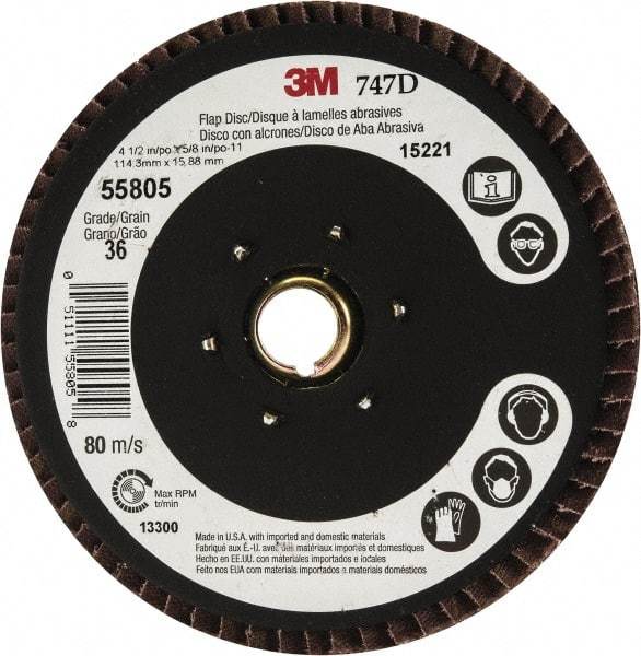 3M - 36 Grit, 4-1/2" Disc Diam, 5/8-11 Center Hole, Type 27 Ceramic Flap Disc - 13,300 Max RPM, Cloth Backing, Arbor Attaching System, Coated - Caliber Tooling