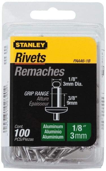 Stanley - Aluminum Color Coded Blind Rivet - Aluminum Mandrel, 0.313" to 3/8" Grip, 1/4" Head Diam, 0.125" to 0.133" Hole Diam, 0.525" Length Under Head, 1/8" Body Diam - Caliber Tooling