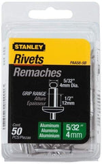 Stanley - Aluminum Color Coded Blind Rivet - Aluminum Mandrel, 3/8" to 1/2" Grip, 5/16" Head Diam, 0.156" to 0.164" Hole Diam, 0.675" Length Under Head, 5/32" Body Diam - Caliber Tooling