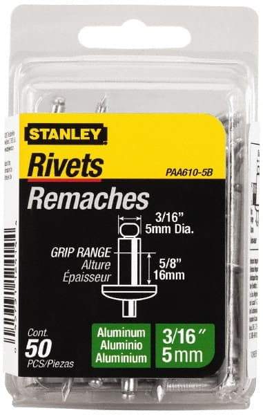 Stanley - Aluminum Color Coded Blind Rivet - Aluminum Mandrel, 1/2" to 5/8" Grip, 3/8" Head Diam, 0.188" to 0.196" Hole Diam, 0.825" Length Under Head, 3/16" Body Diam - Caliber Tooling