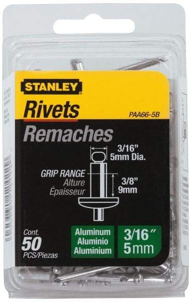 Stanley - Aluminum Color Coded Blind Rivet - Aluminum Mandrel, 0.313" to 3/8" Grip, 3/8" Head Diam, 0.188" to 0.196" Hole Diam, 0.575" Length Under Head, 3/16" Body Diam - Caliber Tooling