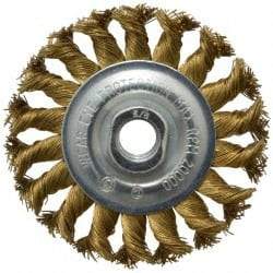 Value Collection - 4" OD, 5/8-11 Arbor Hole, Knotted Brass Wheel Brush - 1/2" Face Width, 7/8" Trim Length, 0.02" Filament Diam, 20,000 RPM - Caliber Tooling