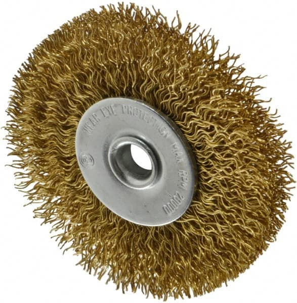 Value Collection - 2-1/2" OD, 1/4" Shank Diam, Crimped Brass Wheel Brush - 3/8" Face Width, 1/2" Trim Length, 0.014" Filament Diam, 20,000 RPM - Caliber Tooling