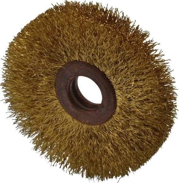 Value Collection - 2-1/2" OD, 1/2" Arbor Hole, Crimped Brass Wheel Brush - 3/8" Face Width, 3/4" Trim Length, 0.008" Filament Diam, 15,000 RPM - Caliber Tooling