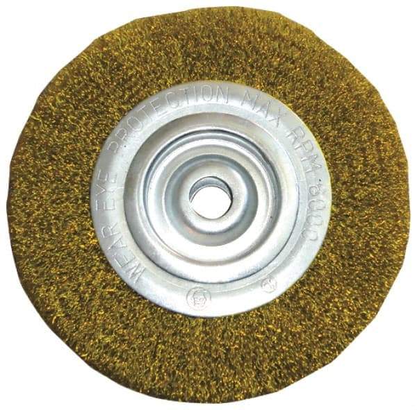 Value Collection - 4" OD, 5/8" Arbor Hole, Crimped Brass Wheel Brush - 1/2" Face Width, 5/8" Trim Length, 0.012" Filament Diam, 6,000 RPM - Caliber Tooling