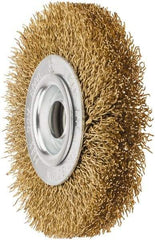 Value Collection - 4" OD, 5/8" Arbor Hole, Crimped Brass Wheel Brush - 1/2" Face Width, 5/8" Trim Length, 0.02" Filament Diam, 6,000 RPM - Caliber Tooling