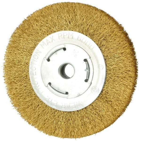 Value Collection - 6" OD, 5/8" Arbor Hole, Crimped Brass Wheel Brush - 1" Face Width, 1-1/8" Trim Length, 0.014" Filament Diam, 6,000 RPM - Caliber Tooling