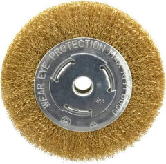 Value Collection - 6" OD, 5/8" Arbor Hole, Crimped Brass Wheel Brush - 1/2" Face Width, 1-1/8" Trim Length, 0.014" Filament Diam, 6,000 RPM - Caliber Tooling