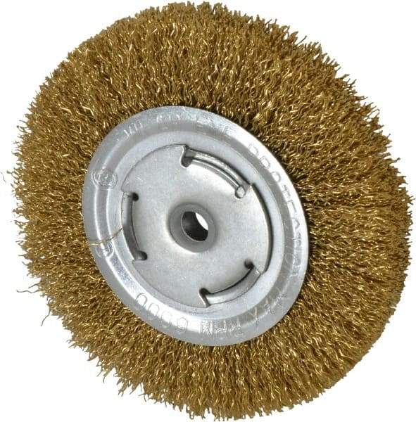 Value Collection - 6" OD, 5/8" Arbor Hole, Crimped Brass Wheel Brush - 1/2" Face Width, 1-1/8" Trim Length, 0.02" Filament Diam, 6,000 RPM - Caliber Tooling