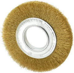 Value Collection - 6" OD, 2" Arbor Hole, Crimped Brass Wheel Brush - 7/8" Face Width, 1-1/8" Trim Length, 0.008" Filament Diam, 6,000 RPM - Caliber Tooling