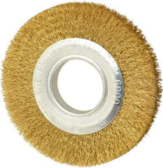 Value Collection - 6" OD, 1/4" Arbor Hole, Crimped Brass Wheel Brush - 7/8" Face Width, 1-1/8" Trim Length, 0.012" Filament Diam, 6,000 RPM - Caliber Tooling